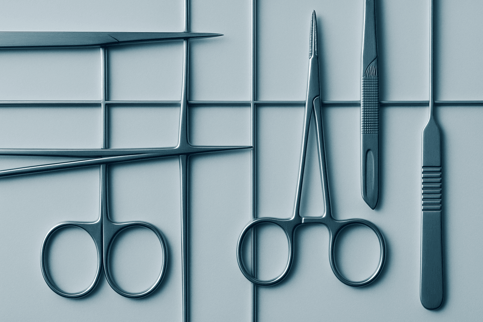 Surgical instruments arranged in a precise geometric grid on steel
